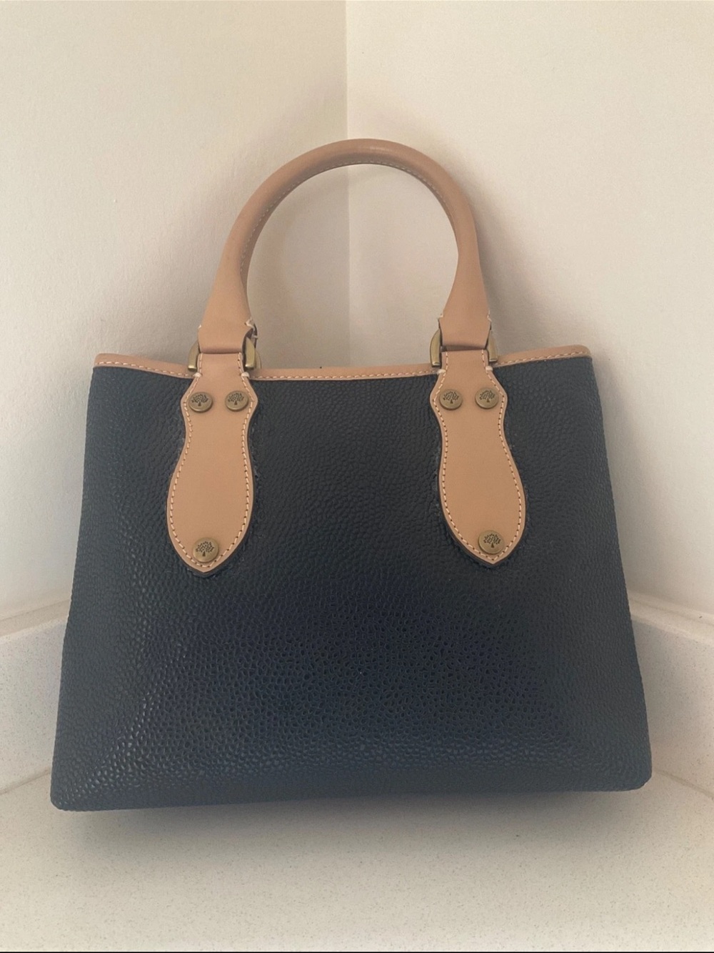 Mulberry Black Satchel with Tan Handles